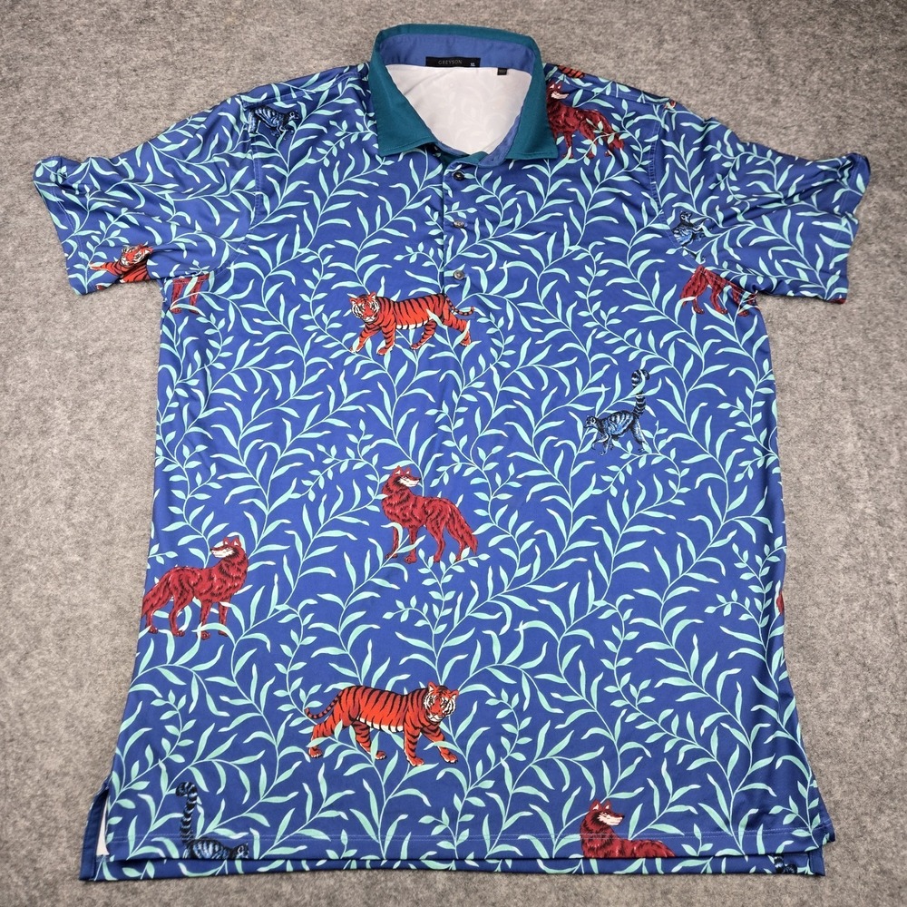GREYSON Golf Polo Shirt Jungle Wolf AOP Men's XL Short Sleeve Collared Stretch